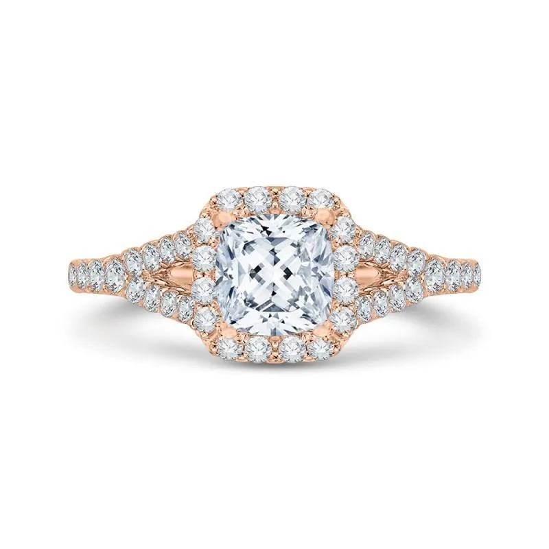14K Rose Gold Cushion Cut Diamond Halo Engagement Ring with Split Shank (Semi Mount)
