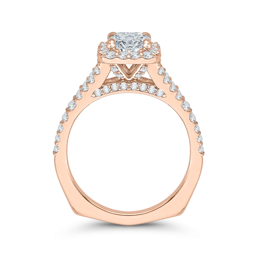 14K Rose Gold Cushion Cut Diamond Halo Engagement Ring with Split Shank (Semi Mount)