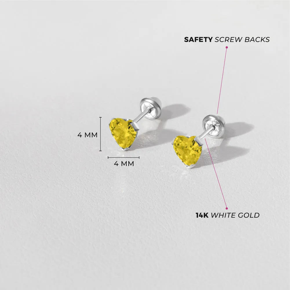 14k White Gold Delicate Cubic Zirconia Heart 4mm Kids / Children's / Girls Earrings Screw Back