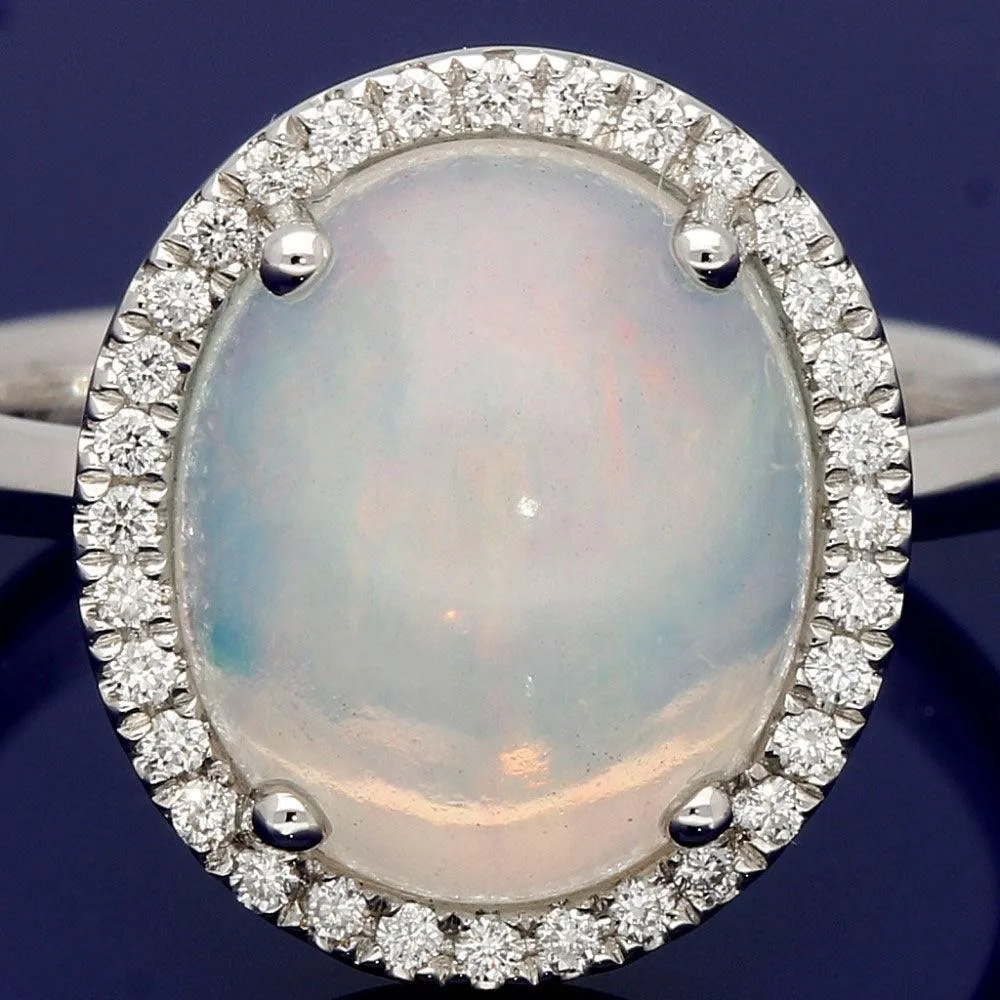 18ct White Gold Large Opal & Diamond Oval Cluster Ring