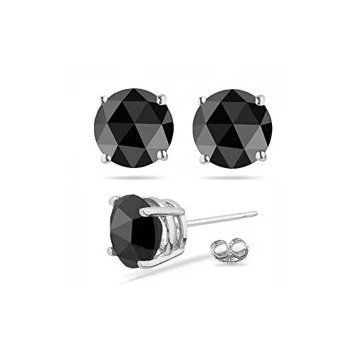 1.95-2.44 Cts of 5.70-7.13 mm AA Round Rose Cut Black Diamond Stud Earrings in 18K White Gold {DIAMOND APPRAISAL INCLUDED}-Screw Backs