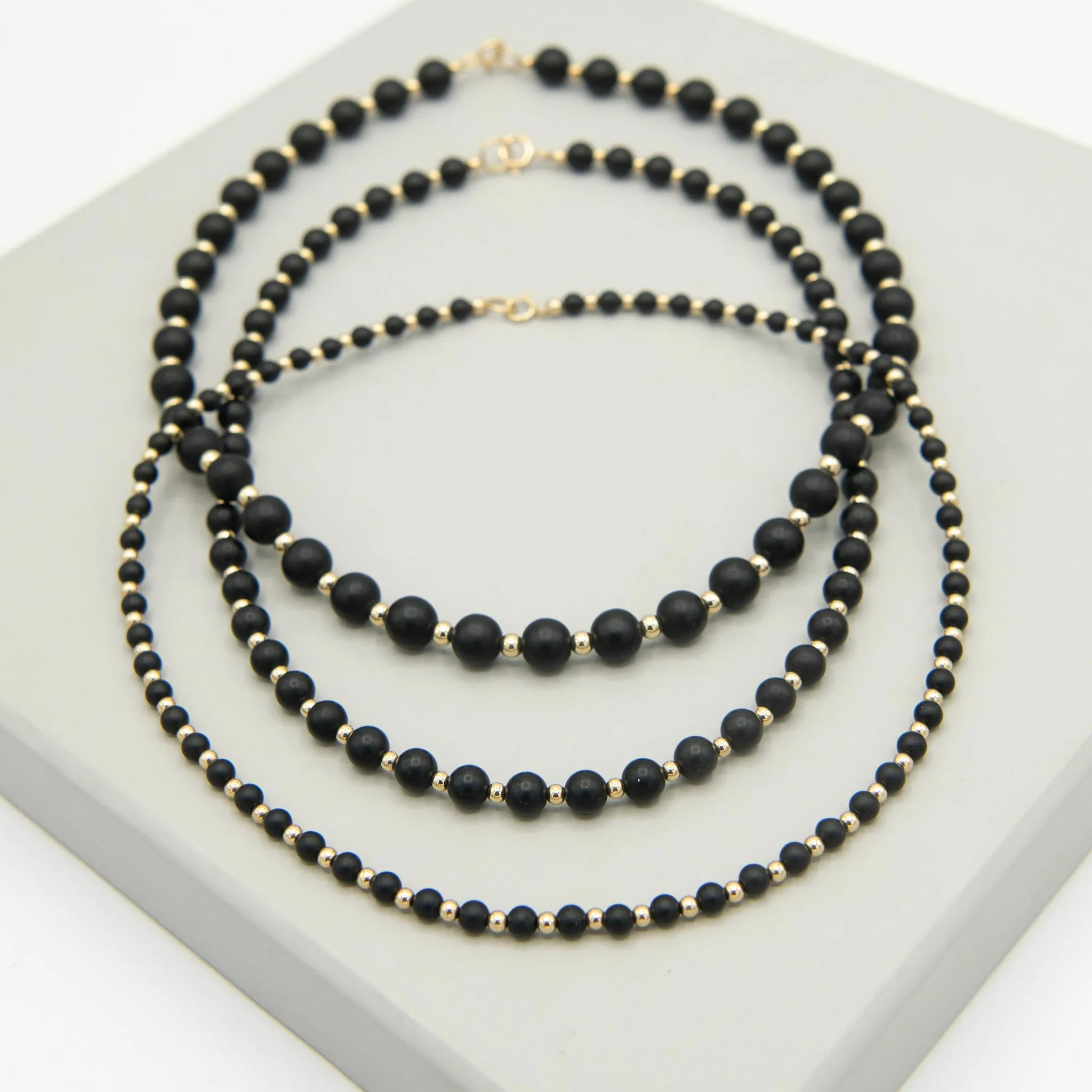 4mm Matte Black Onyx & 14k Gold Filled Beaded Necklace