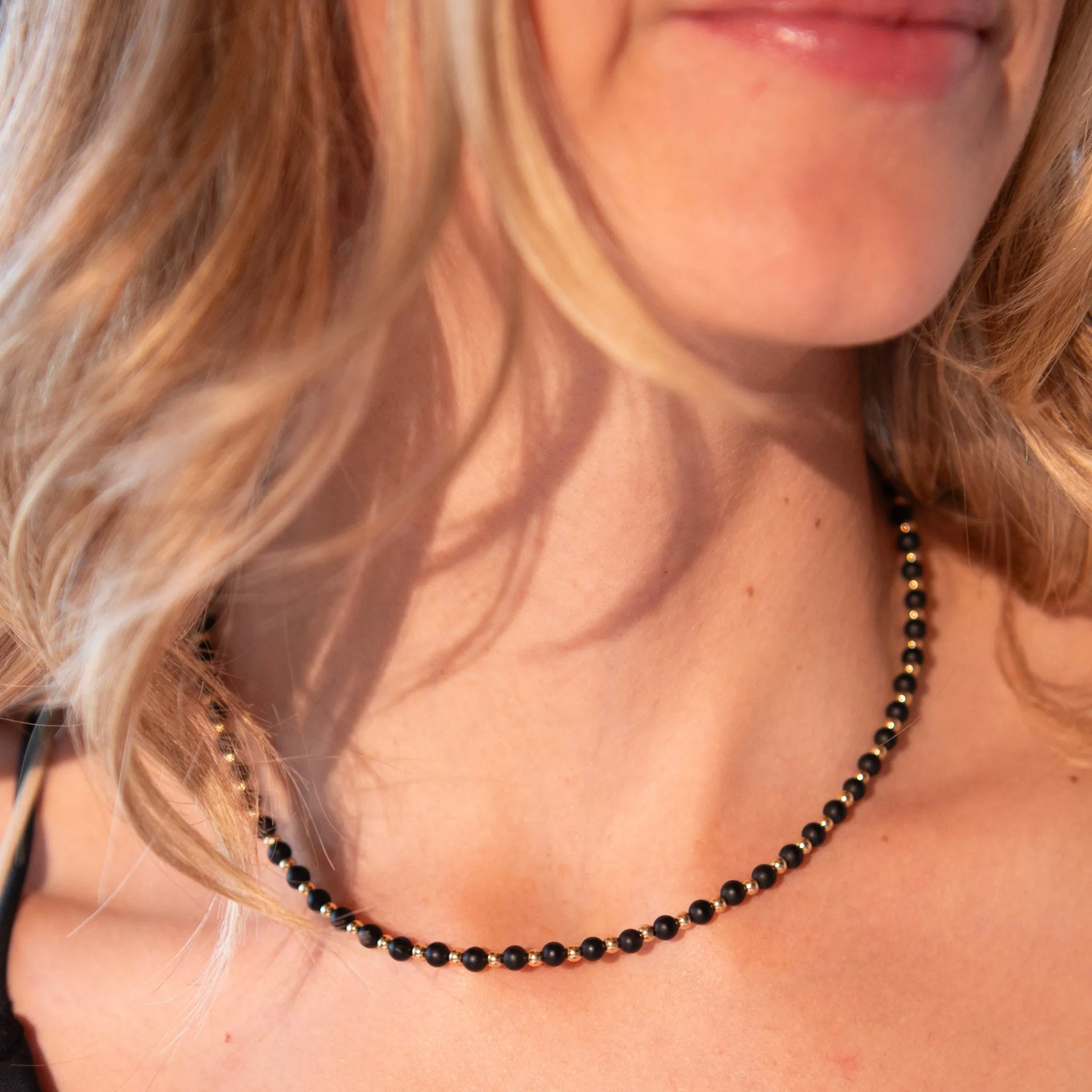 4mm Matte Black Onyx & 14k Gold Filled Beaded Necklace