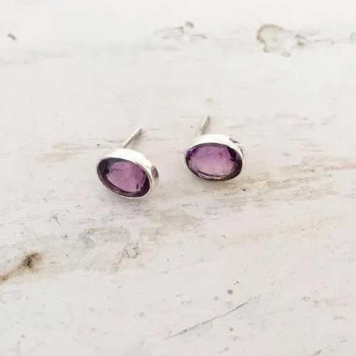 Amethyst Facetted Oval Silver Stud