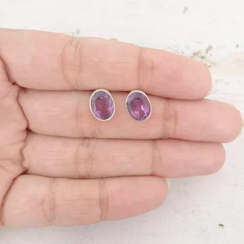 Amethyst Facetted Oval Silver Stud
