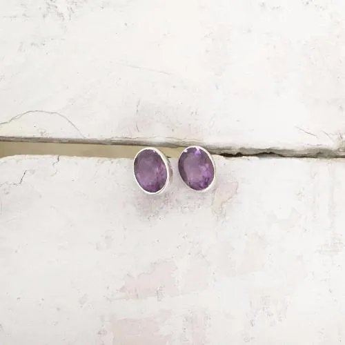 Amethyst Facetted Oval Silver Stud