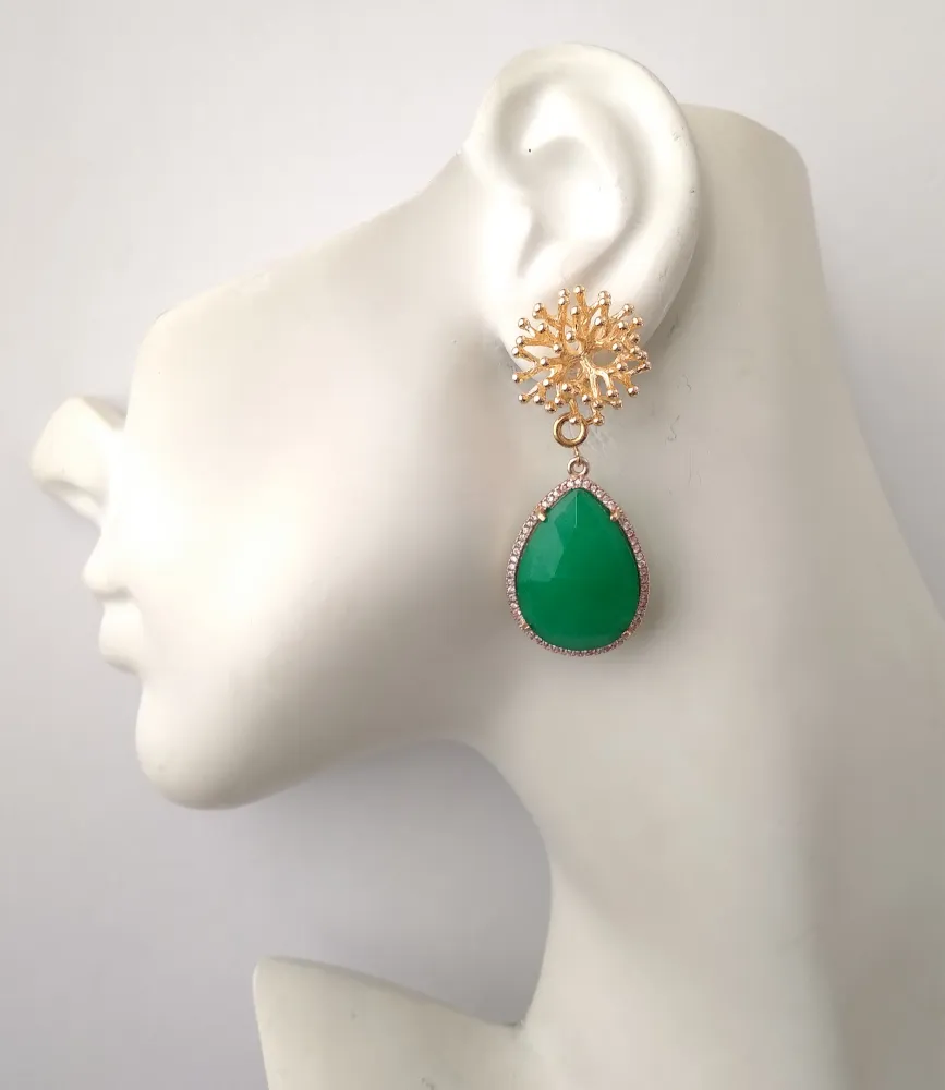 Branch Coral Stud with Haloed Green Quartz Earrings