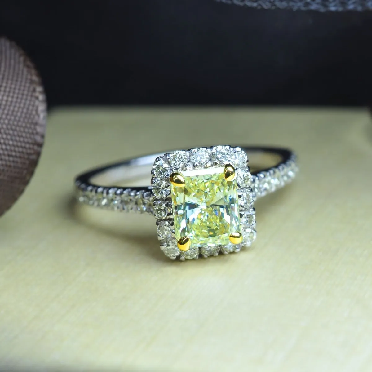 Classy 1.62CT Radiant and Round Cut Diamond Engagement Ring in 18KT Two Tone Gold