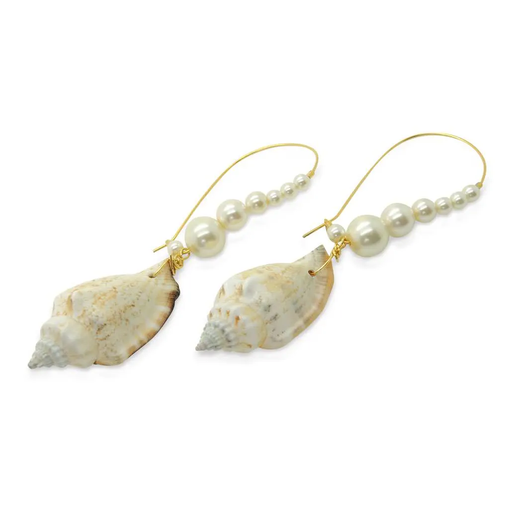 Conch Shell Charm Pearl Hoop Earrings