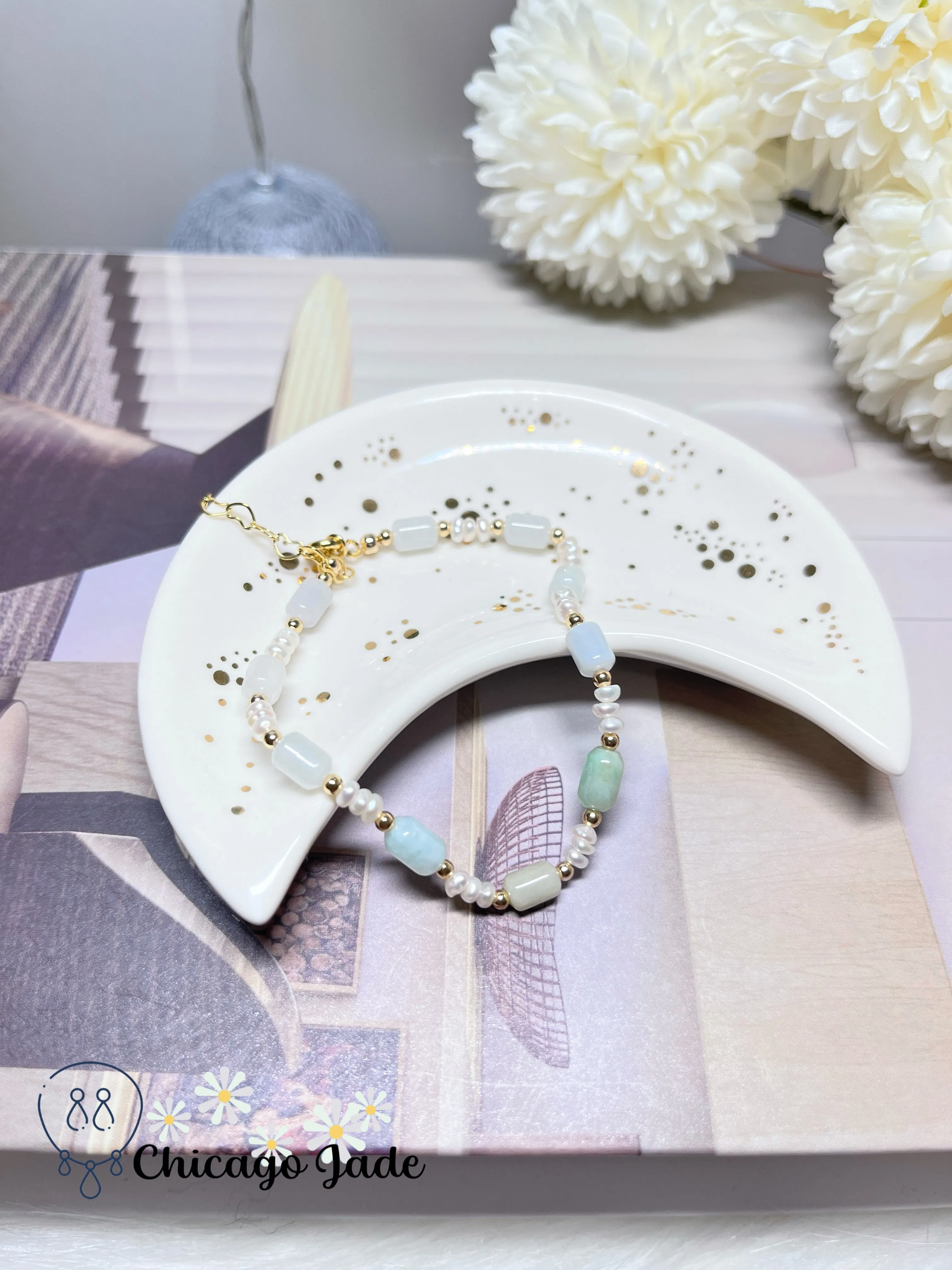 Dainty Minimalist Elegant Natural Grade A Untreated Burma Jadeite Jade Feicui with Freshwater Pearls Handmade Gift