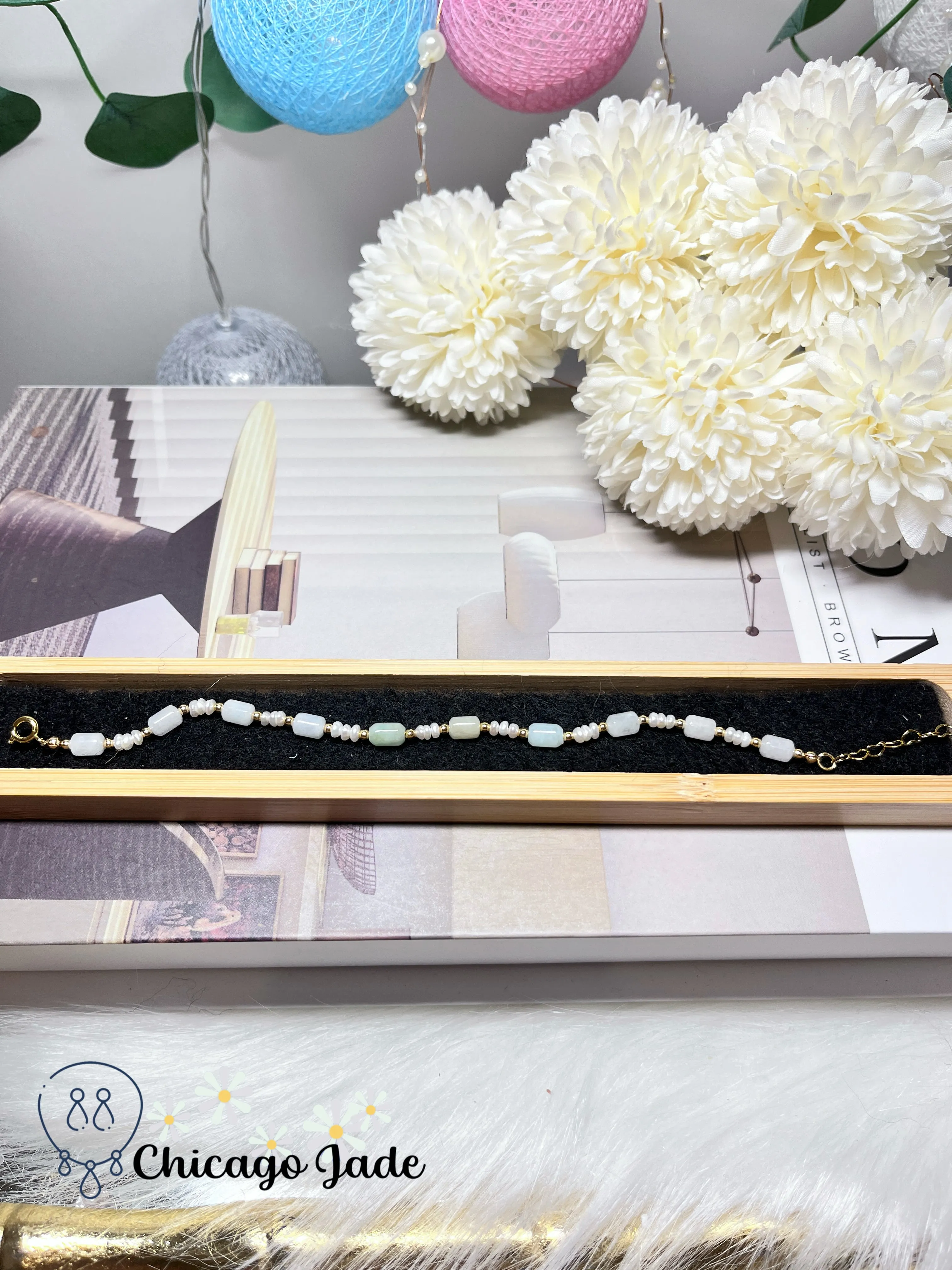 Dainty Minimalist Elegant Natural Grade A Untreated Burma Jadeite Jade Feicui with Freshwater Pearls Handmade Gift