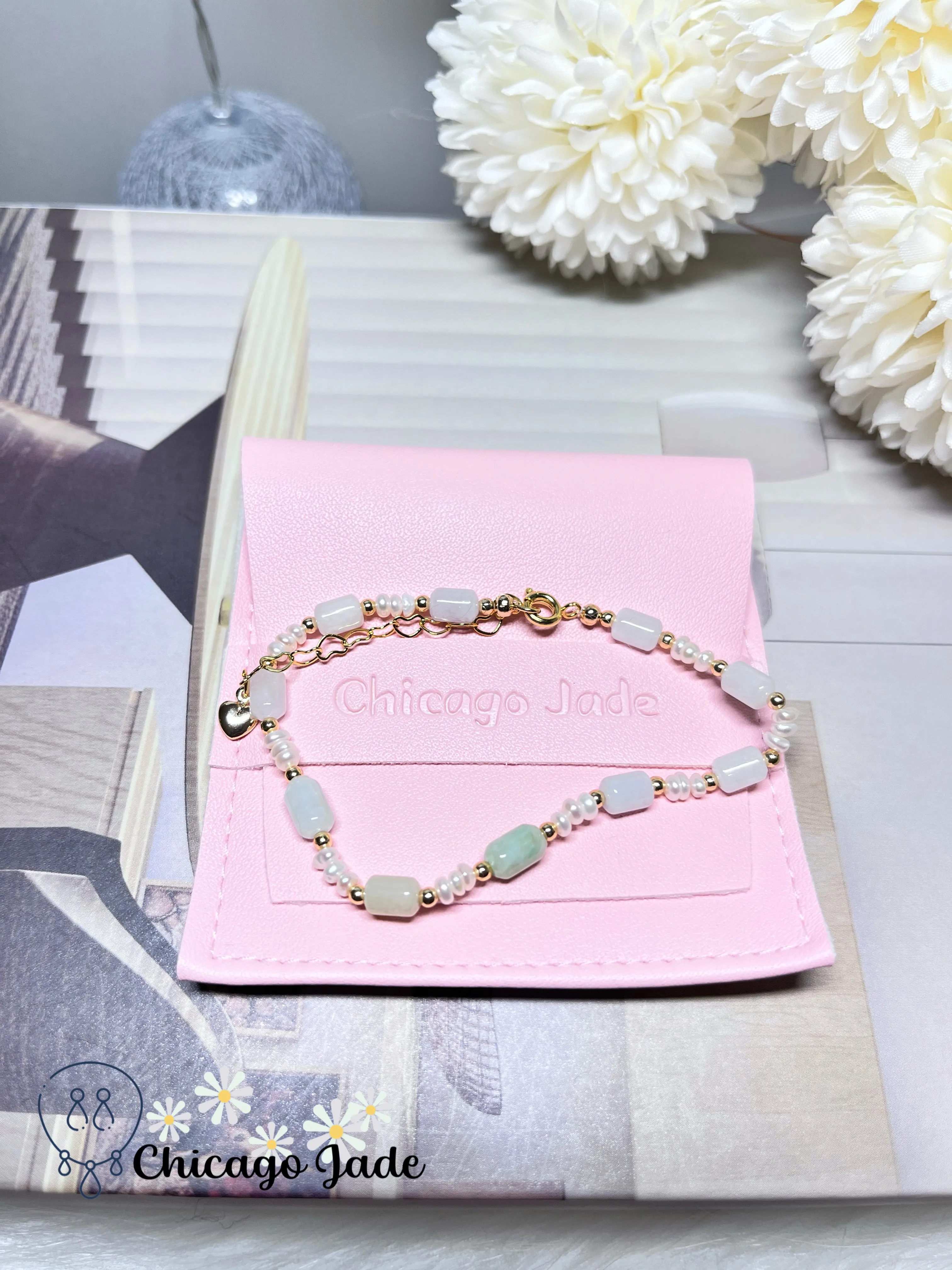 Dainty Minimalist Elegant Natural Grade A Untreated Burma Jadeite Jade Feicui with Freshwater Pearls Handmade Gift