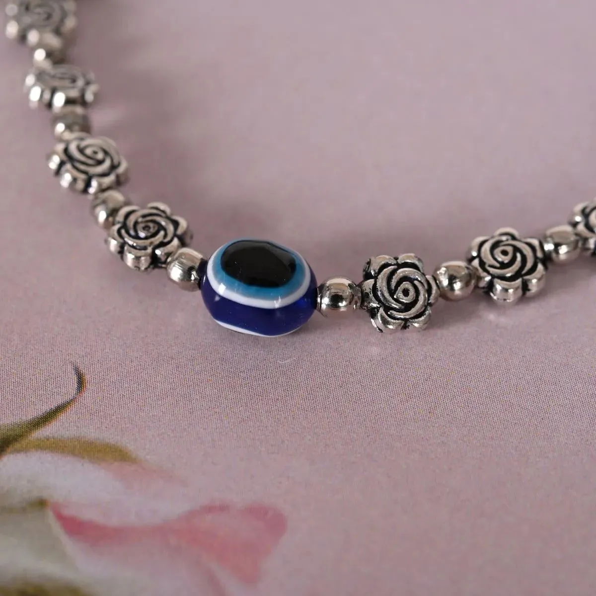Evil Eye Beaded Silver Anklets