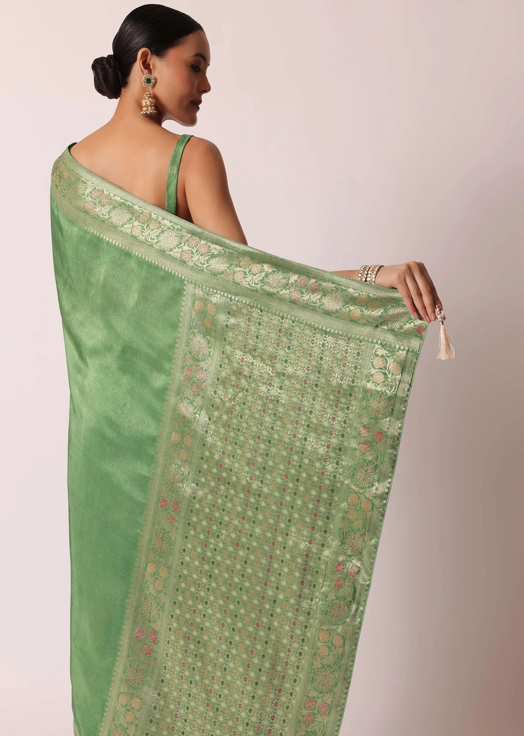 Green Banarasi Saree With Floral Motif Woven Pallu And Unstitched Blouse Piece