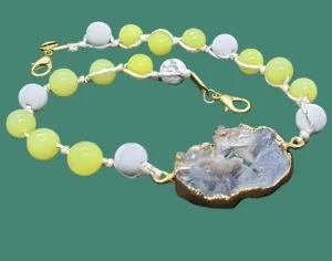 Handmade Bracelet - Yellow Peridot & White Howlite Gemstone Bracelet with Gray Agate Druzy Slice – Gold Electroformed Accents, Adjustable Length