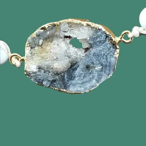 Handmade Bracelet - Yellow Peridot & White Howlite Gemstone Bracelet with Gray Agate Druzy Slice – Gold Electroformed Accents, Adjustable Length