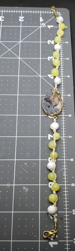 Handmade Bracelet - Yellow Peridot & White Howlite Gemstone Bracelet with Gray Agate Druzy Slice – Gold Electroformed Accents, Adjustable Length
