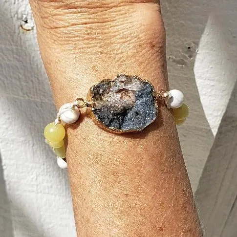 Handmade Bracelet - Yellow Peridot & White Howlite Gemstone Bracelet with Gray Agate Druzy Slice – Gold Electroformed Accents, Adjustable Length