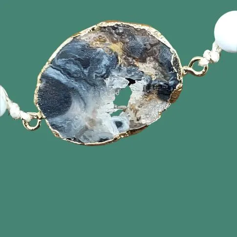 Handmade Bracelet - Yellow Peridot & White Howlite Gemstone Bracelet with Gray Agate Druzy Slice – Gold Electroformed Accents, Adjustable Length