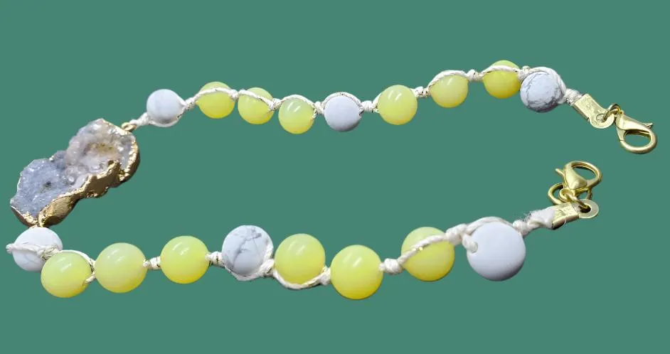 Handmade Bracelet - Yellow Peridot & White Howlite Gemstone Bracelet with Gray Agate Druzy Slice – Gold Electroformed Accents, Adjustable Length