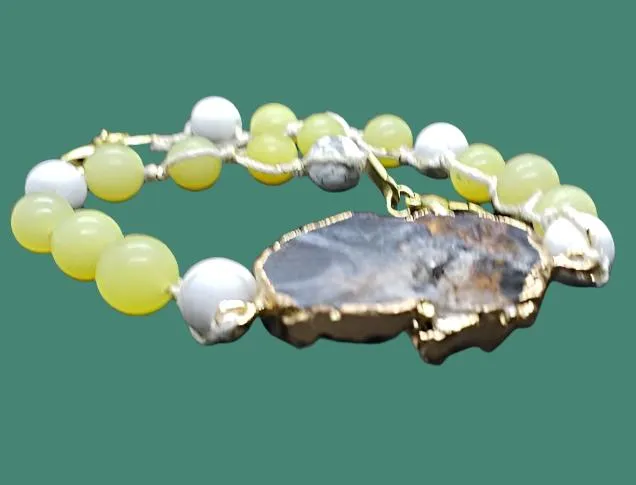 Handmade Bracelet - Yellow Peridot & White Howlite Gemstone Bracelet with Gray Agate Druzy Slice – Gold Electroformed Accents, Adjustable Length
