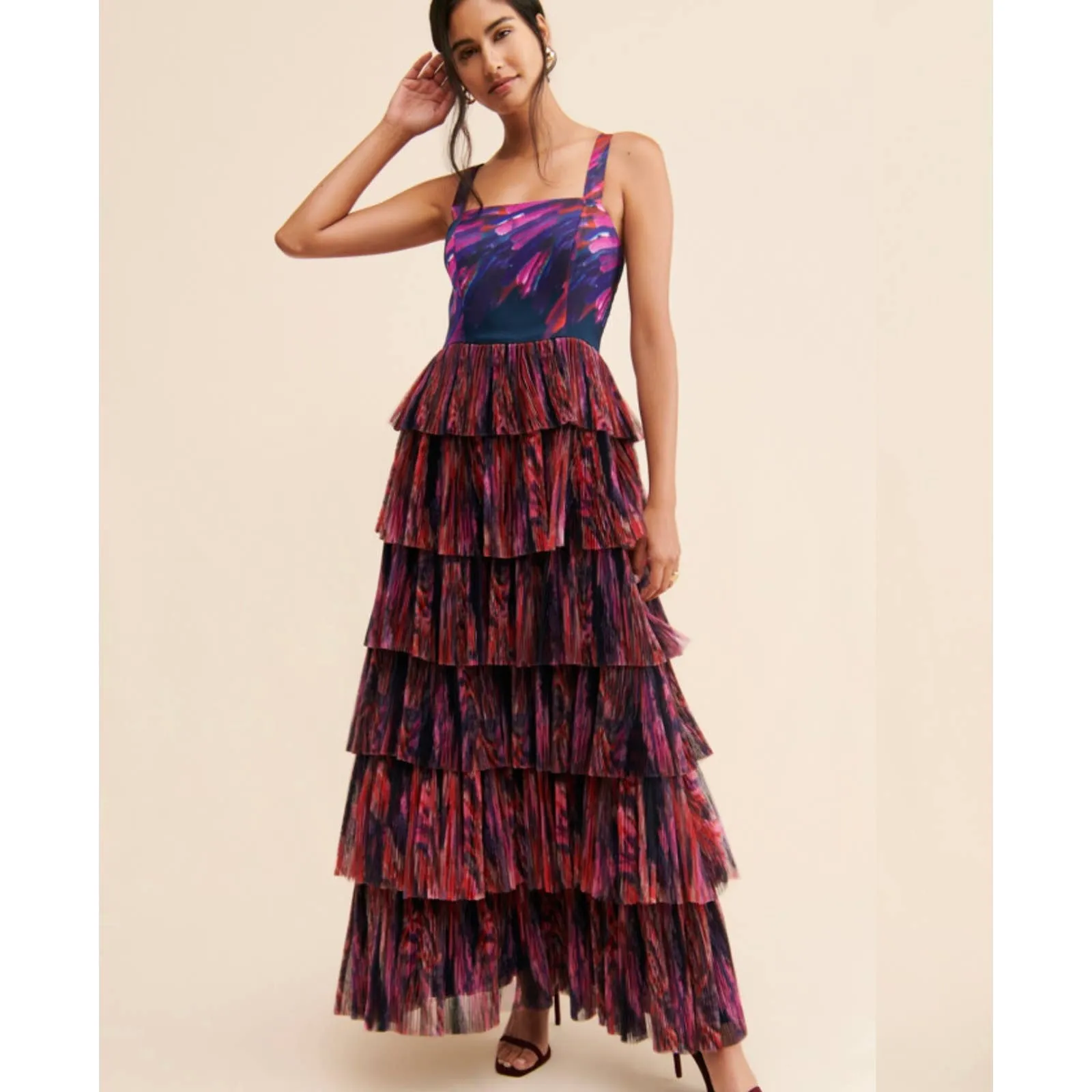 Hutch Tiered Tulle Maxi Dress Size 6 Formal Party Cocktail Colorful Abstract