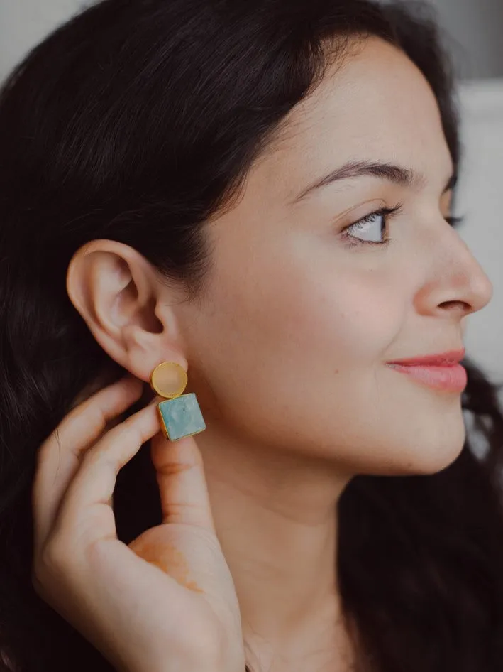 Lemon Quartz circle Two Stone Crystal Earring (Lemon Quartz   Green Amazonite)