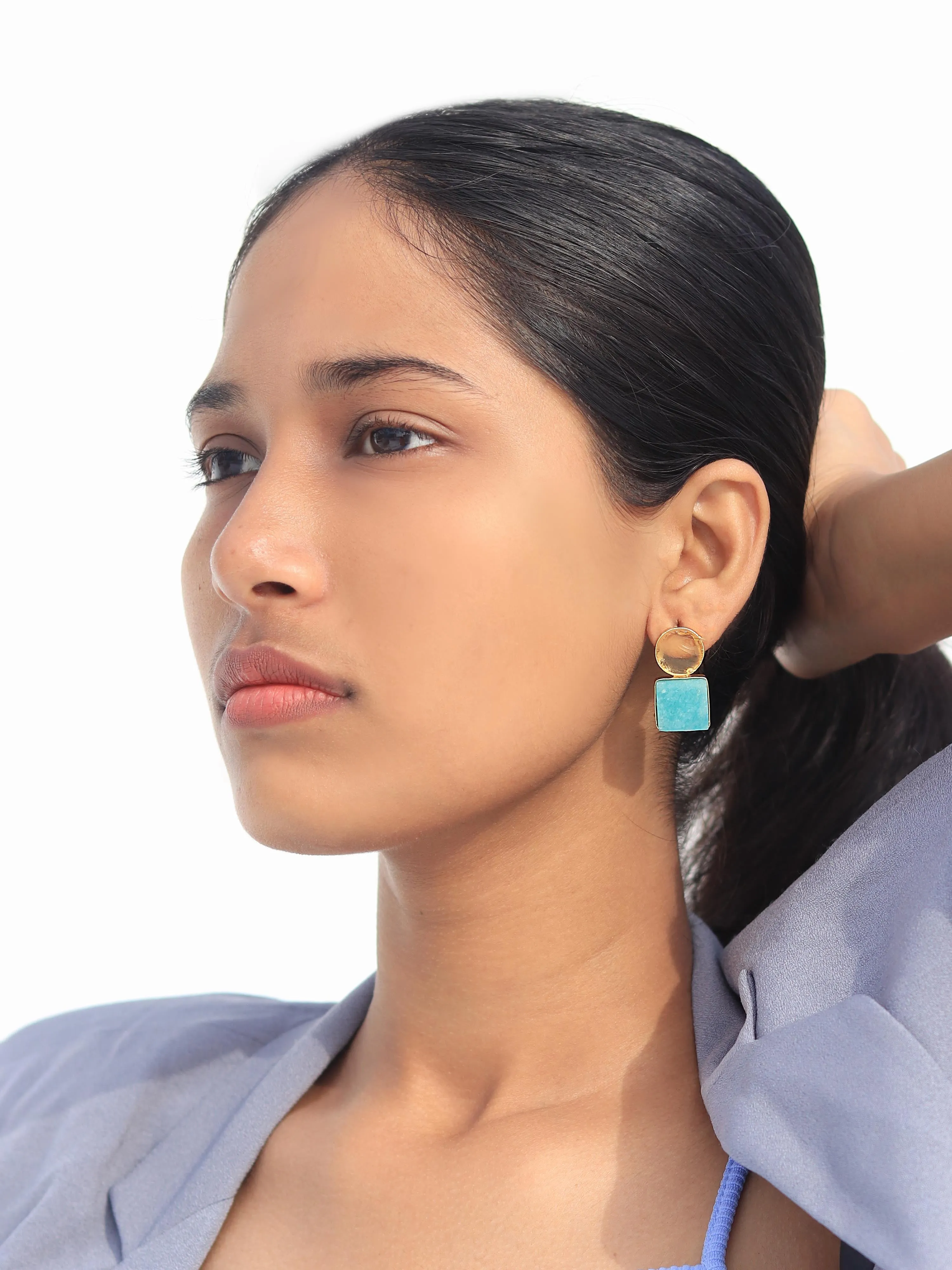Lemon Quartz circle Two Stone Crystal Earring (Lemon Quartz   Green Amazonite)