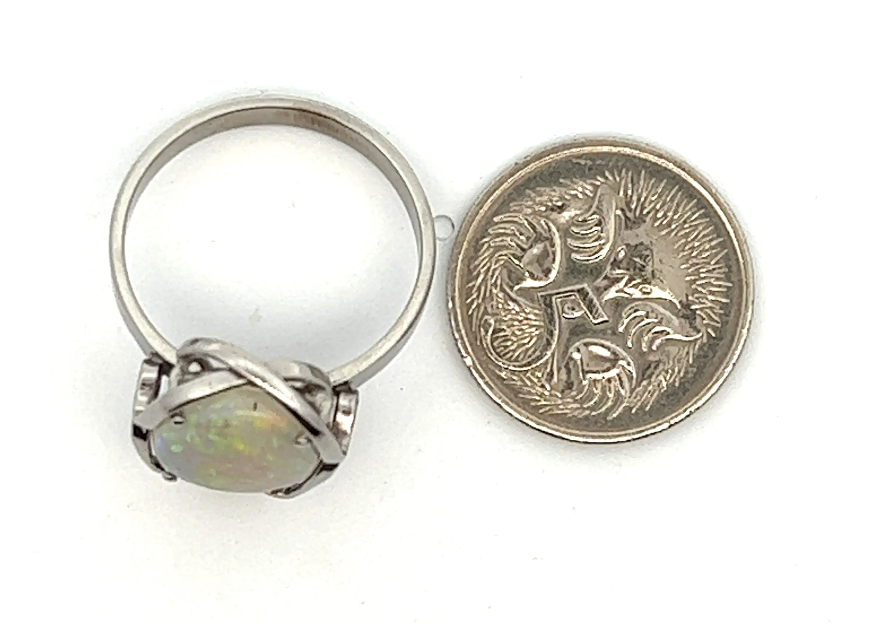 Light Opal & White Gold Ring with Strong Green/Blue Flash