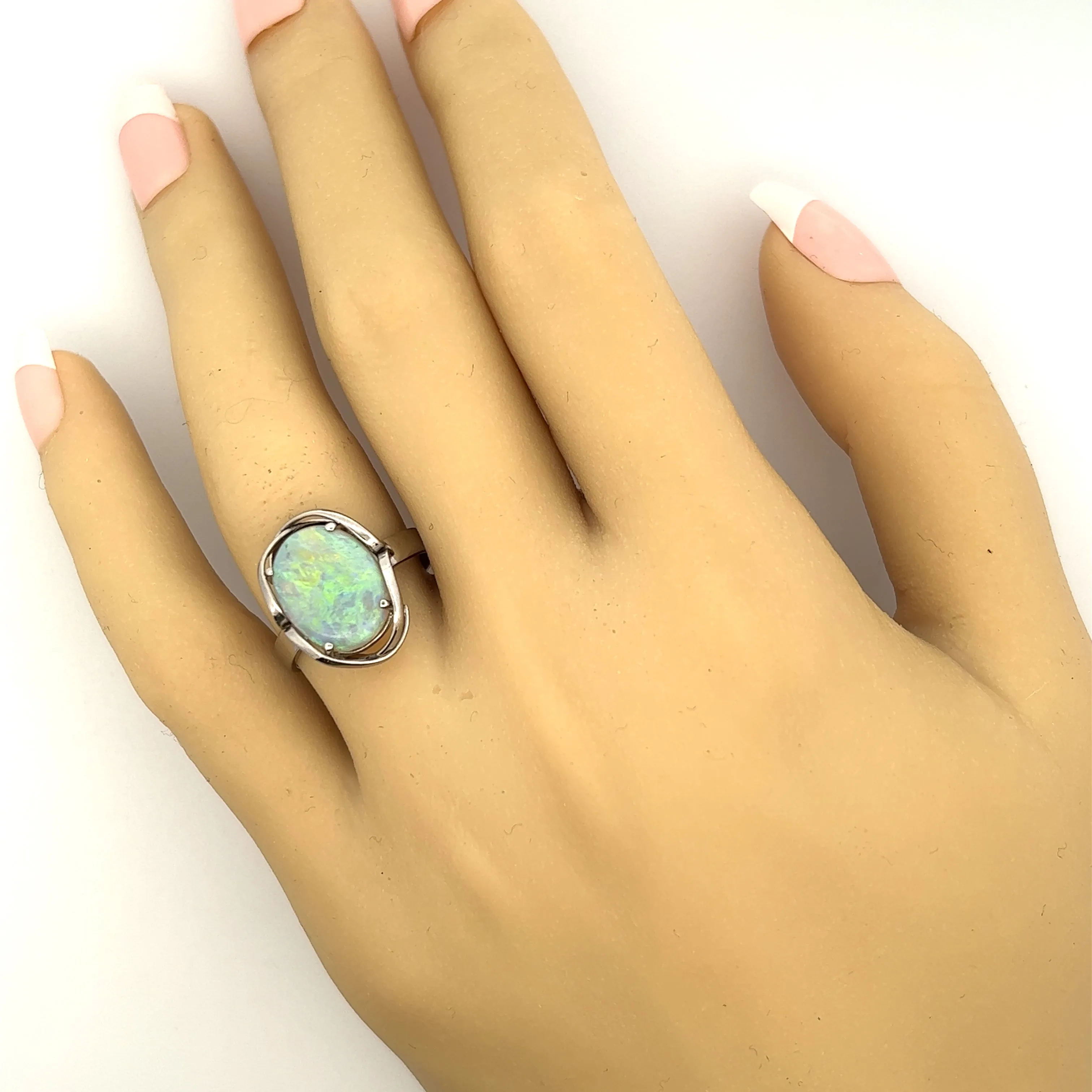 Light Opal & White Gold Ring with Strong Green/Blue Flash