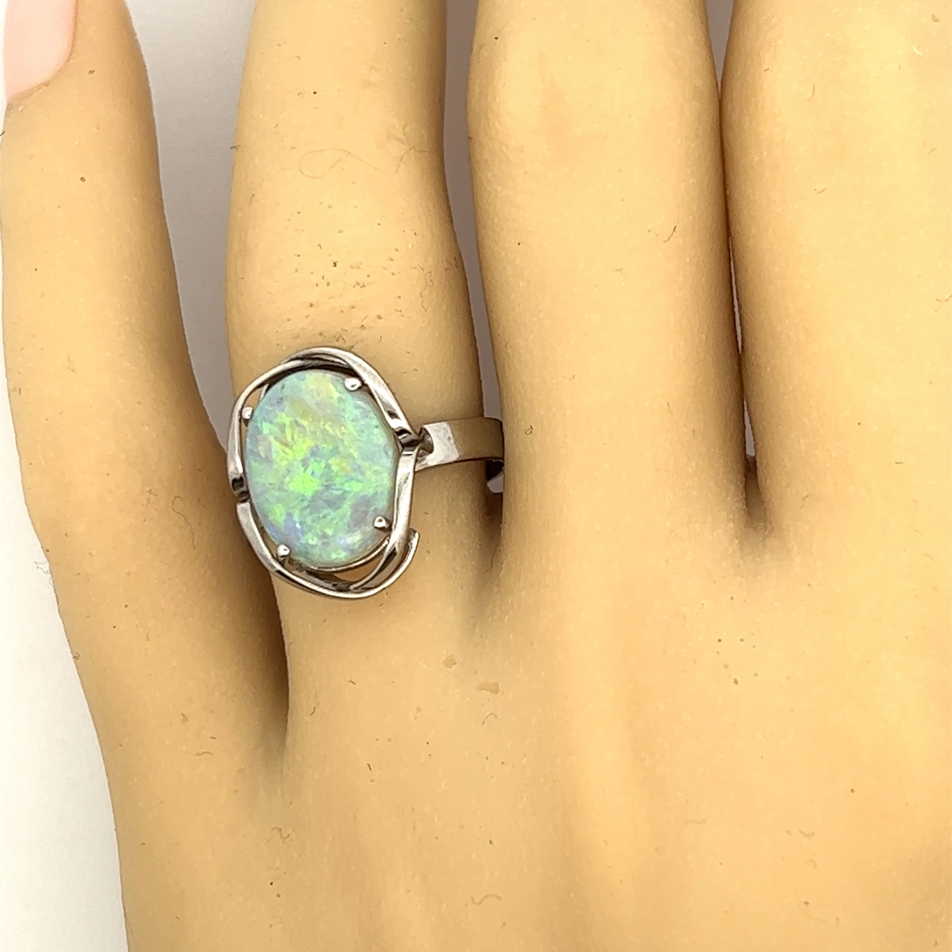Light Opal & White Gold Ring with Strong Green/Blue Flash
