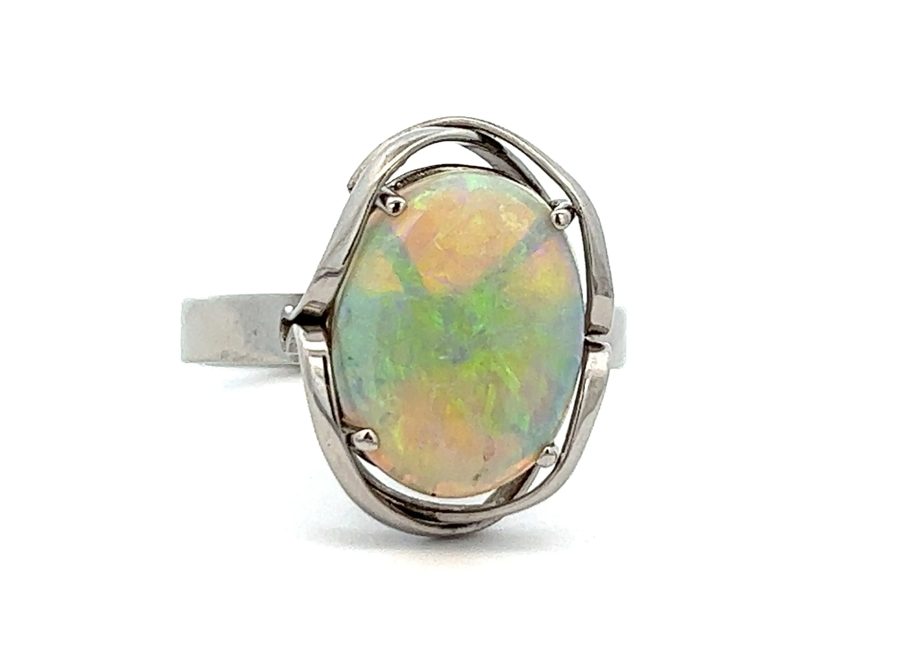 Light Opal & White Gold Ring with Strong Green/Blue Flash