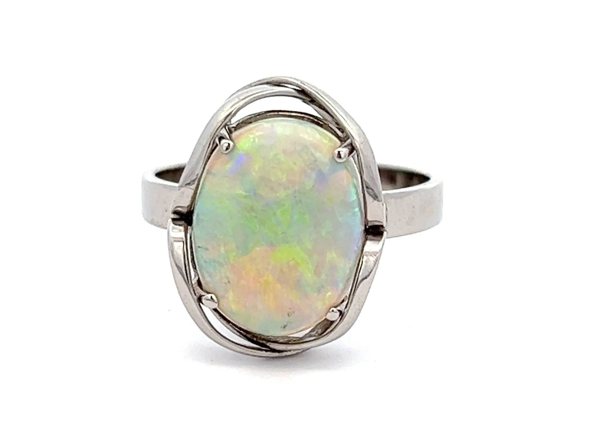 Light Opal & White Gold Ring with Strong Green/Blue Flash