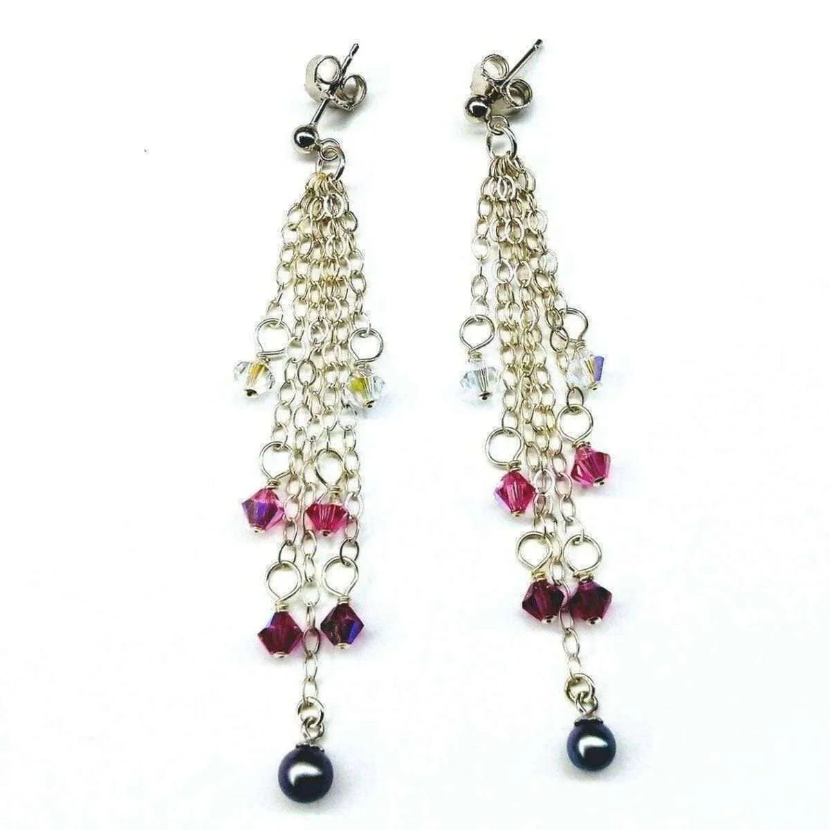 Long Sterling Silver Crystal  Pearl Tassel Earrings