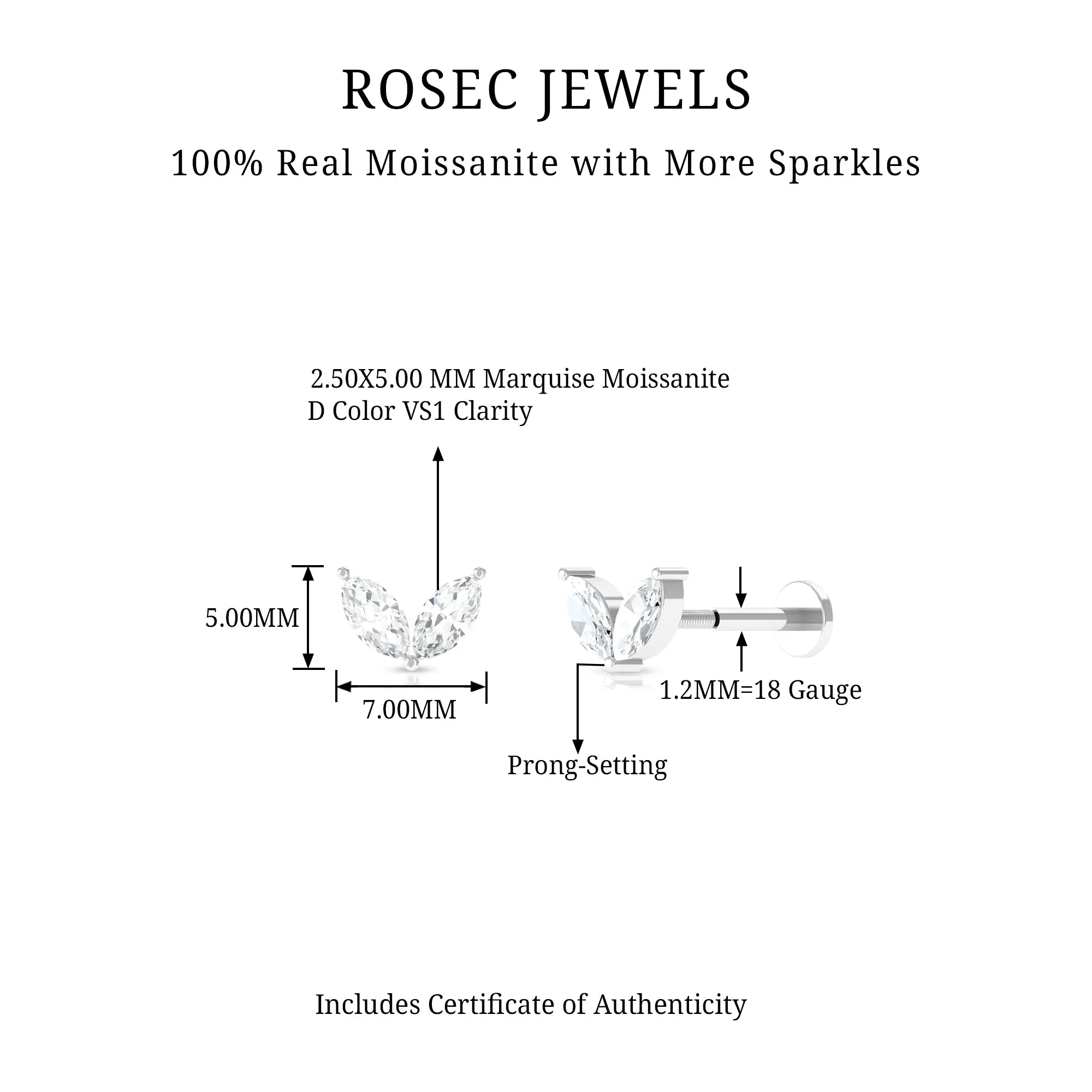 Marquise Cut Moissanite Two Stone Leaf Helix Earring