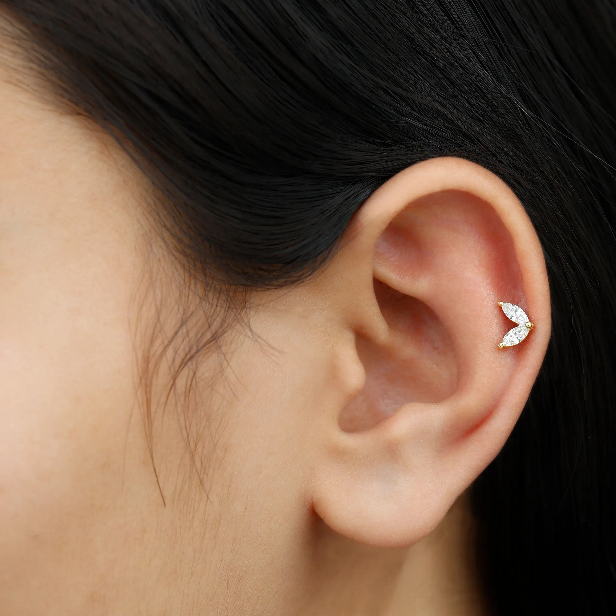 Marquise Cut Moissanite Two Stone Leaf Helix Earring