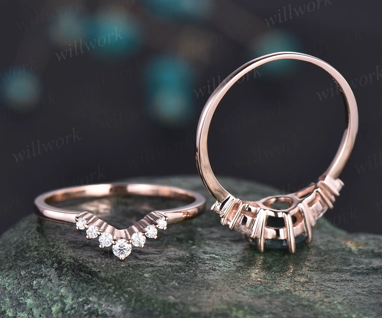 moss agate wedding ring set