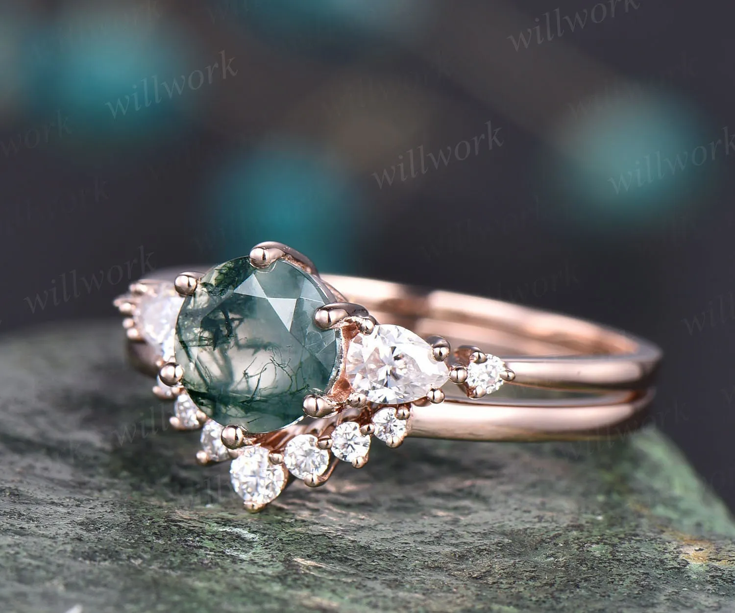 moss agate wedding ring set