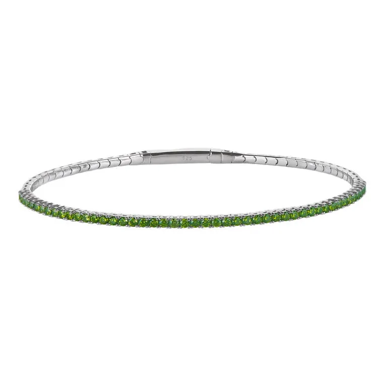 Platinum Finish Sterling Silver Single Row Simulated Peridot Birthstones