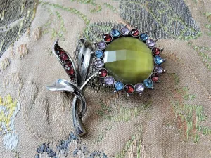 PRETTY Vintage Flower Brooch Pin,1950s Large Flower Pin, Colorful Rhinestones, Mid Century Brooch, Vintage Jewelry, Collectible Floral Pins