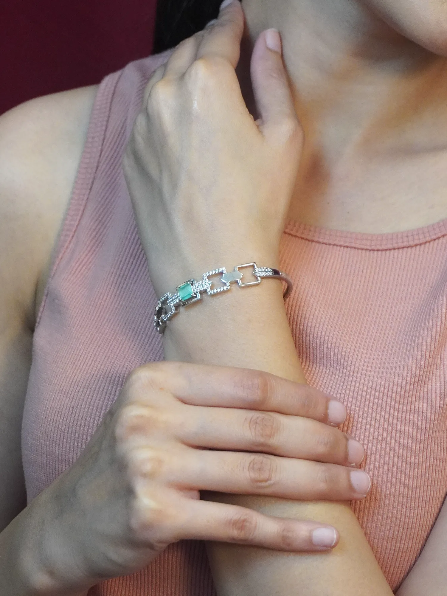 Rhodium-Plated Green Stone Bracelet with American Diamond