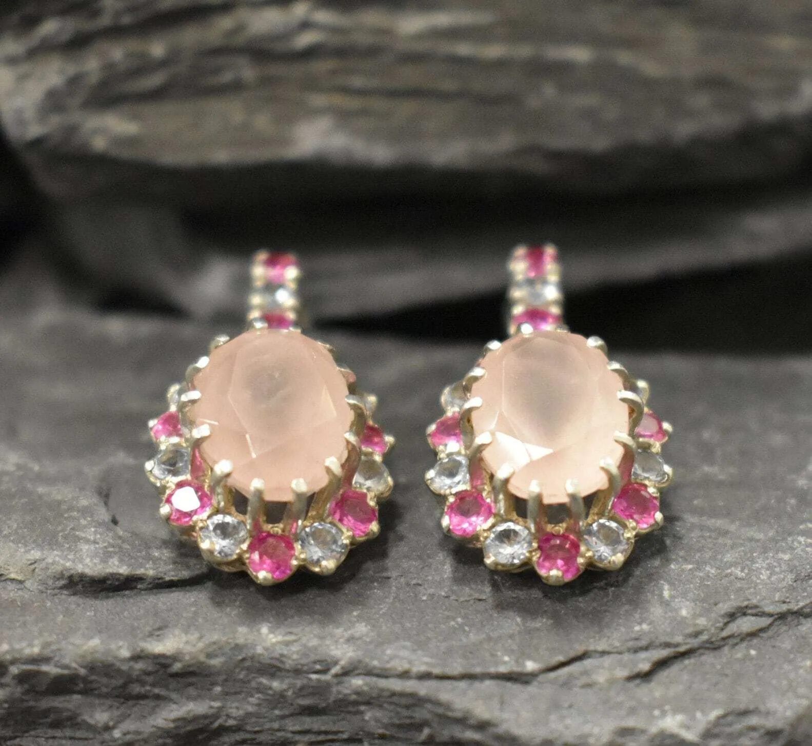 Rose Quartz Earrings - Pink Victorian Earrings - Statement Rose Quartz Earrings