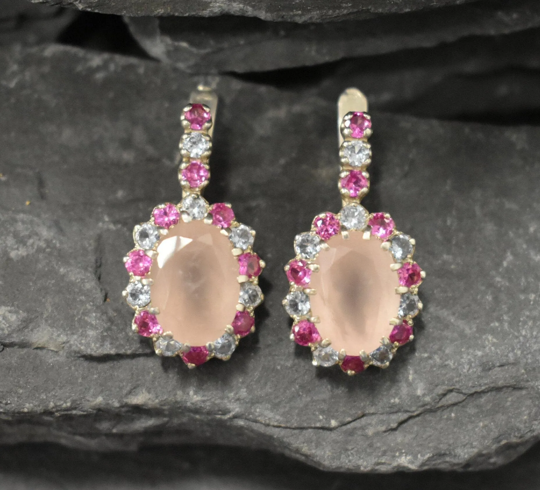 Rose Quartz Earrings - Pink Victorian Earrings - Statement Rose Quartz Earrings