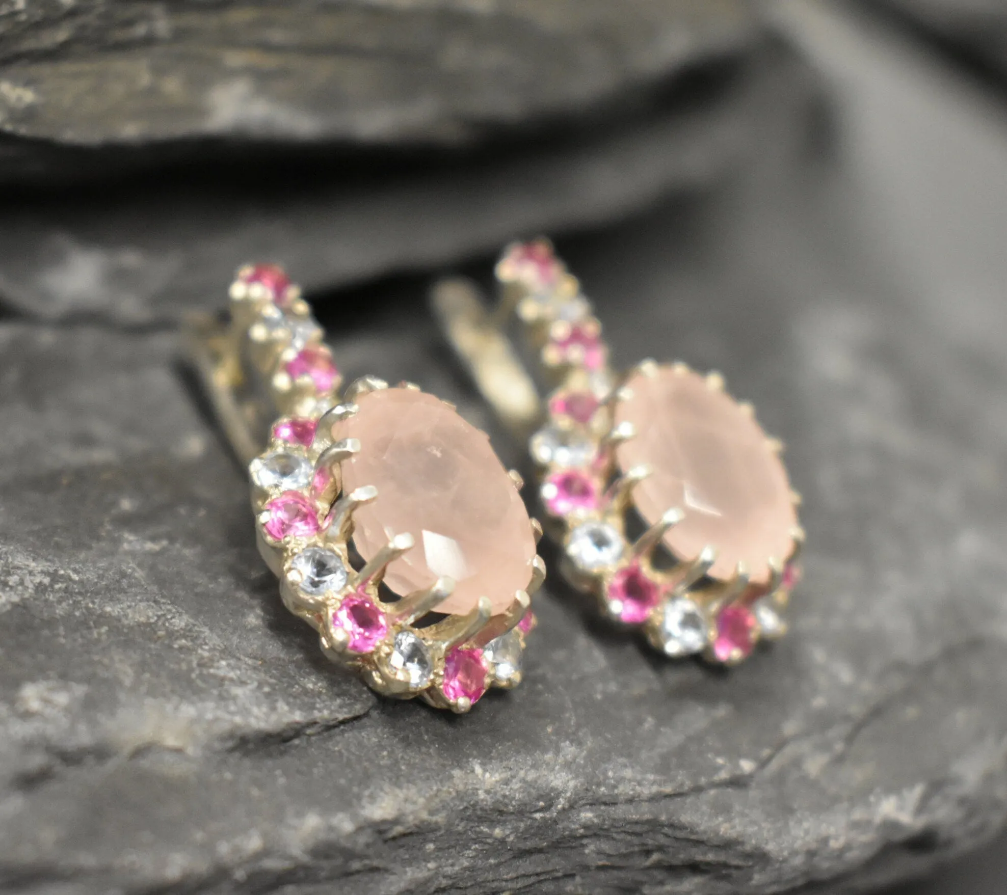 Rose Quartz Earrings - Pink Victorian Earrings - Statement Rose Quartz Earrings