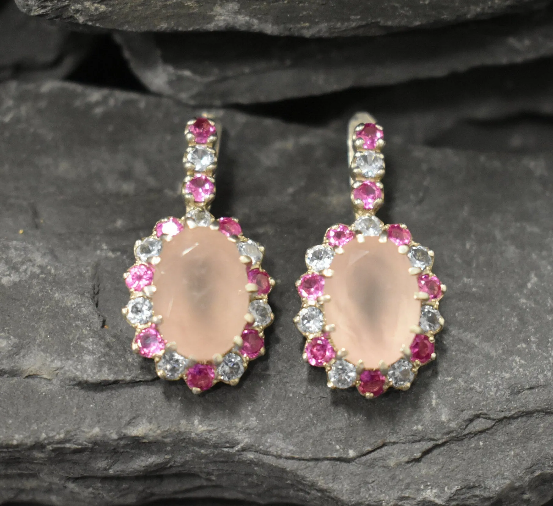 Rose Quartz Earrings - Pink Victorian Earrings - Statement Rose Quartz Earrings