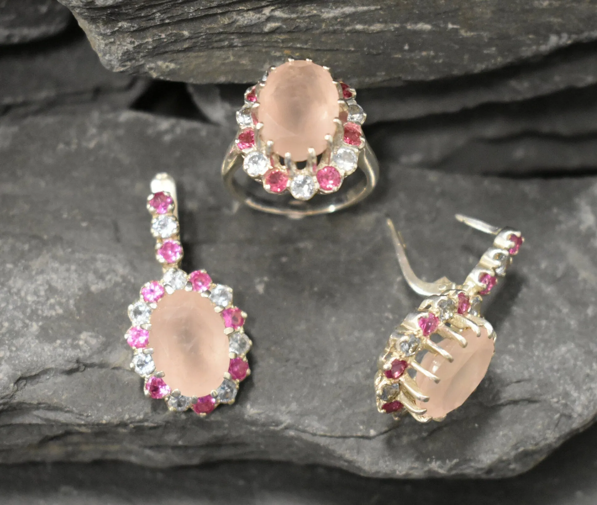 Rose Quartz Earrings - Pink Victorian Earrings - Statement Rose Quartz Earrings