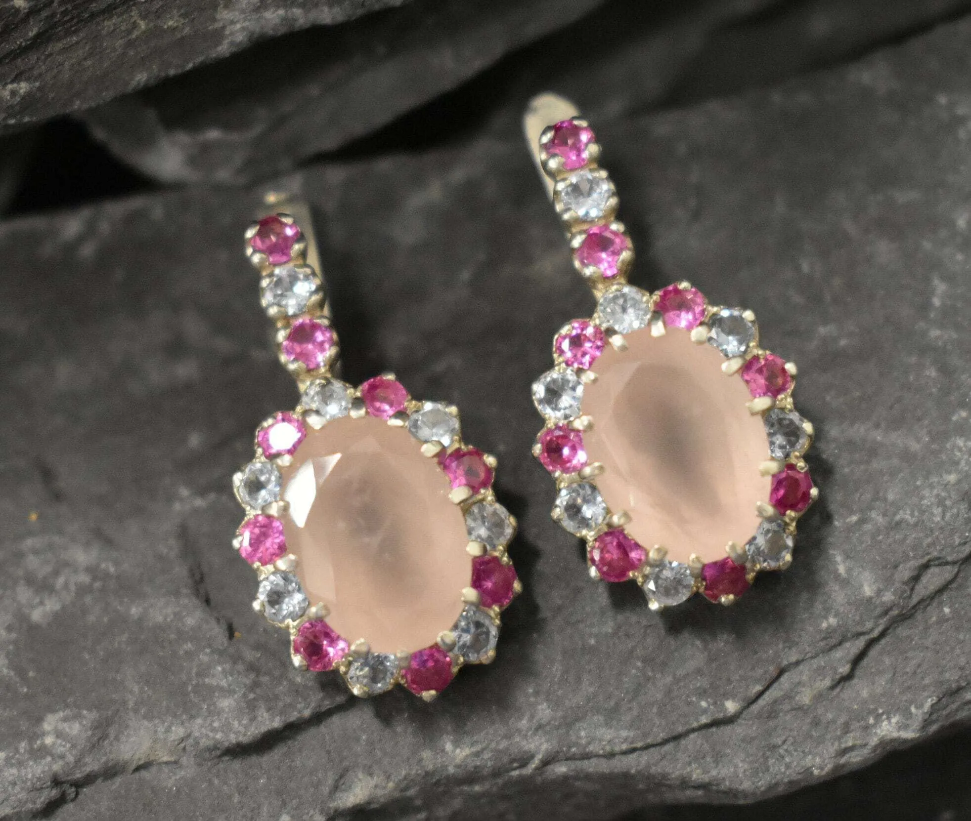 Rose Quartz Earrings - Pink Victorian Earrings - Statement Rose Quartz Earrings