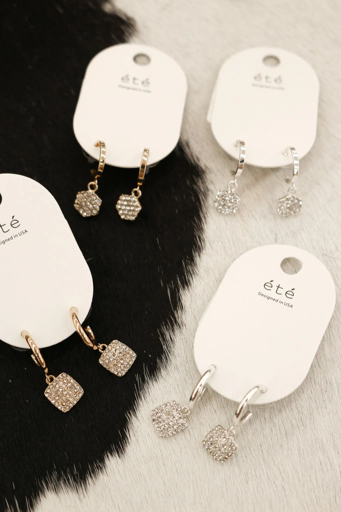 Silver Huggie with Small Rhinestone Hexagon 2" Earring