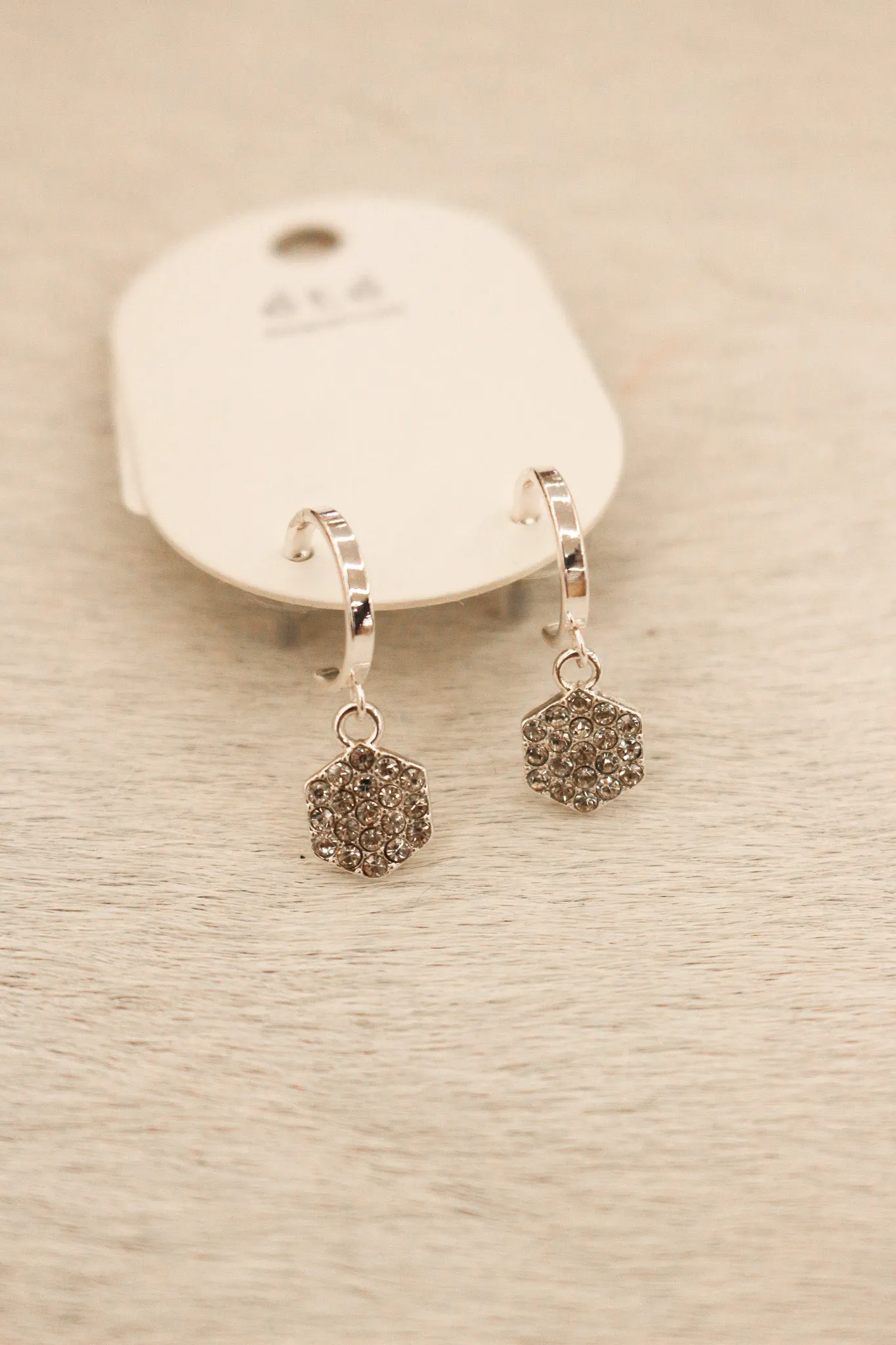Silver Huggie with Small Rhinestone Hexagon 2" Earring
