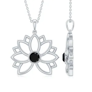 Silver Lotus Flower Pendant with 3 MM Round Cut Black Diamond